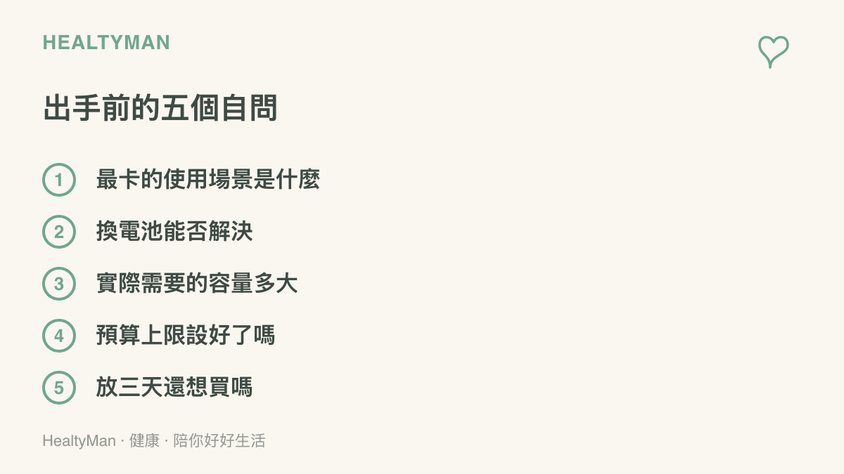 清單圖卡列出手機漲價時期購買前的五個自我提問，涵蓋使用場景、換電池選項、容量需求、預算上限與三天冷靜期