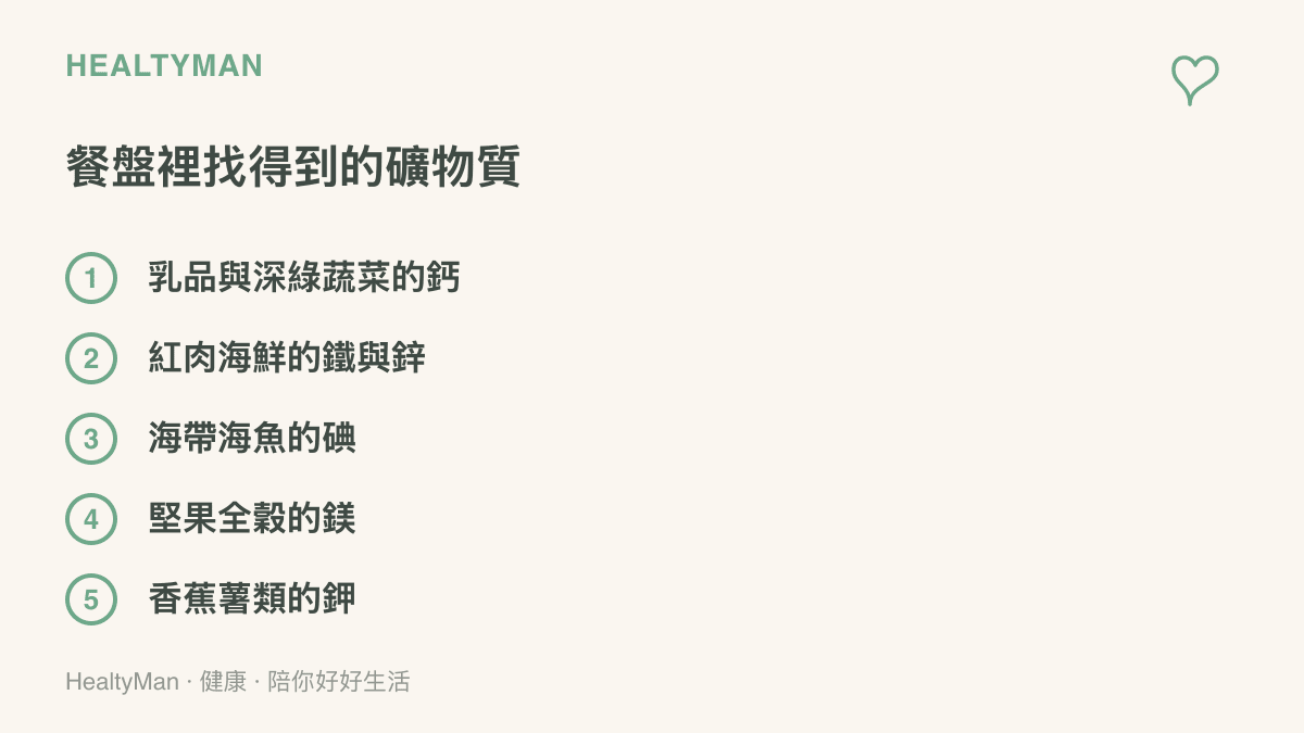 常見食物與礦物質來源的對照清單，列出乳品深綠蔬菜補鈣、紅肉海鮮補鐵鋅、海帶海魚補碘、堅果全穀補鎂、香蕉薯類補鉀