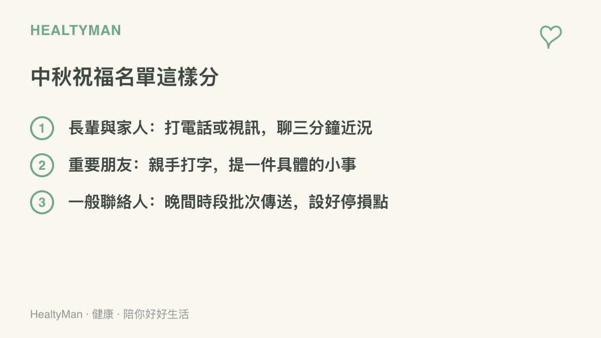 圖卡列出中秋祝福名單的三種處理方式：長輩家人用電話或視訊聊近況、重要朋友親手打字並提具體小事、一般聯絡人於晚間批次傳送並設停損點