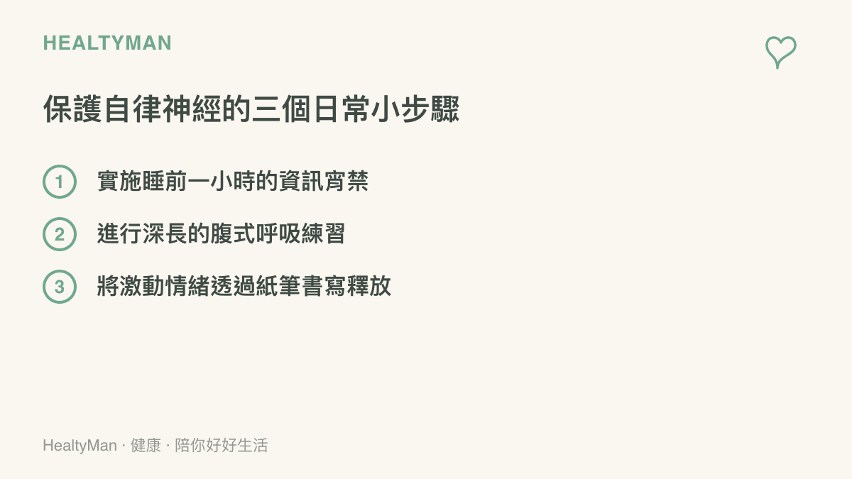 一張清單圖卡，列出包含睡前宵禁、腹式呼吸與書寫釋放等三個保護自律神經的具體方法