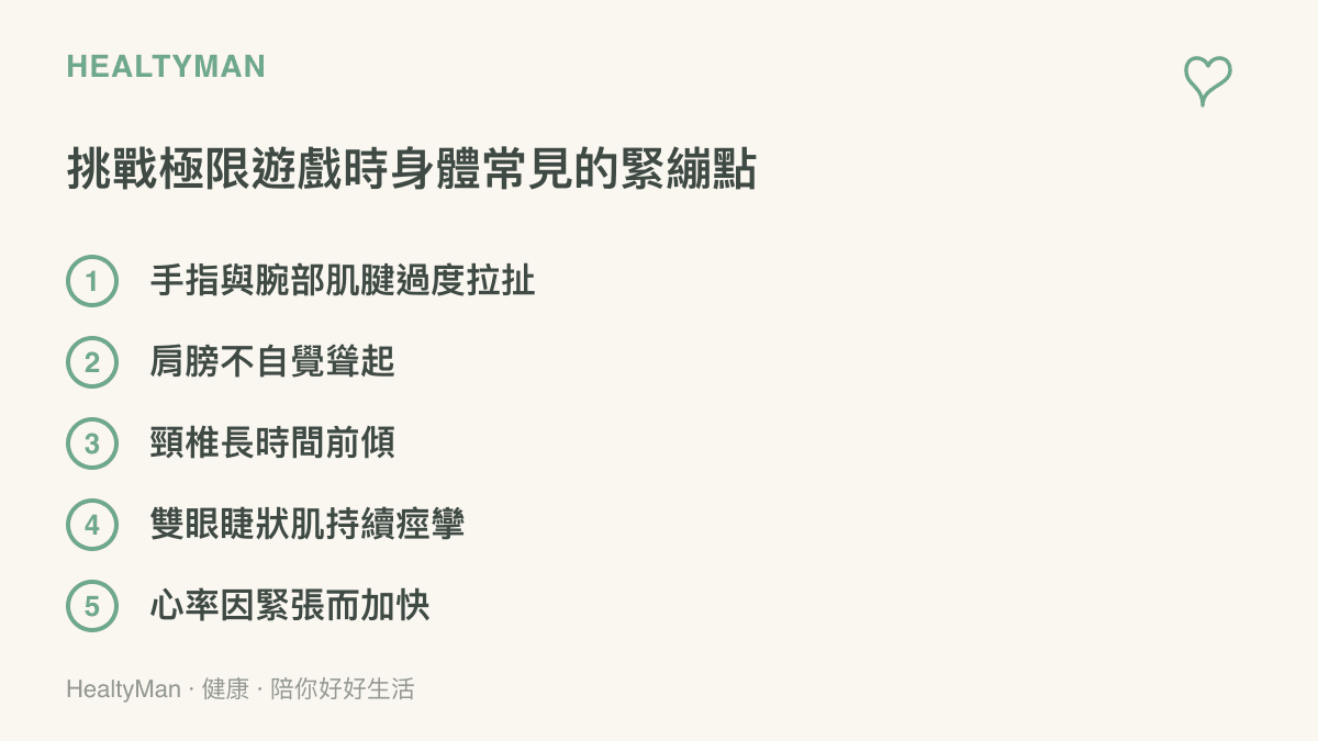 列舉玩家在遊玩高難度遊戲時，身體容易出現過度緊繃的五個部位，包括手指腕部、肩膀、頸椎、眼睛肌肉與心臟跳動。
