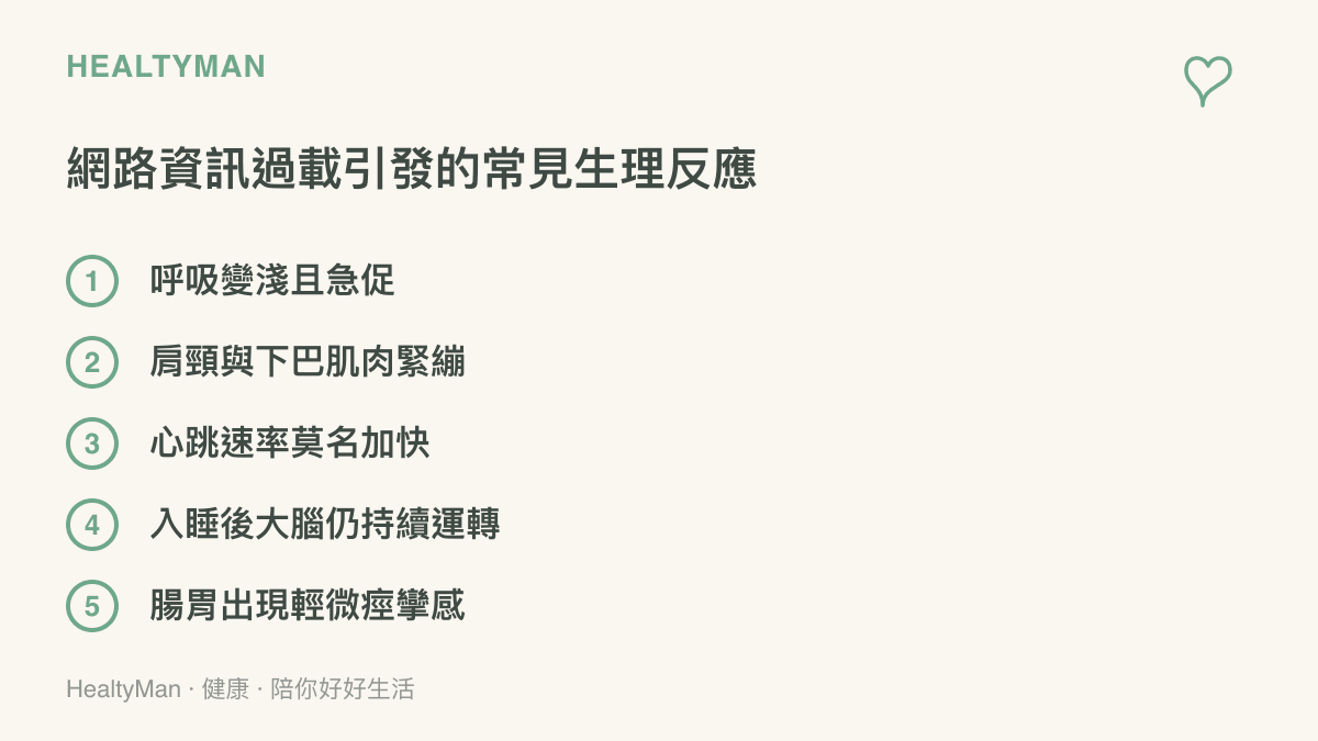 清單圖卡列舉出五項因為過度接收網路羣體事件資訊而引發的生理不適反應，包含呼吸、肌肉、心跳、睡眠與腸胃問題