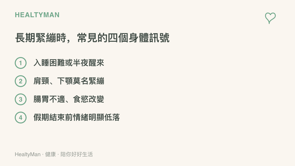 清單列出長期處於警覺壓力下常見的四個身體訊號：入睡困難或半夜醒來、肩頸與下顎緊繃、腸胃不適與食慾改變、假期結束前情緒明顯低落