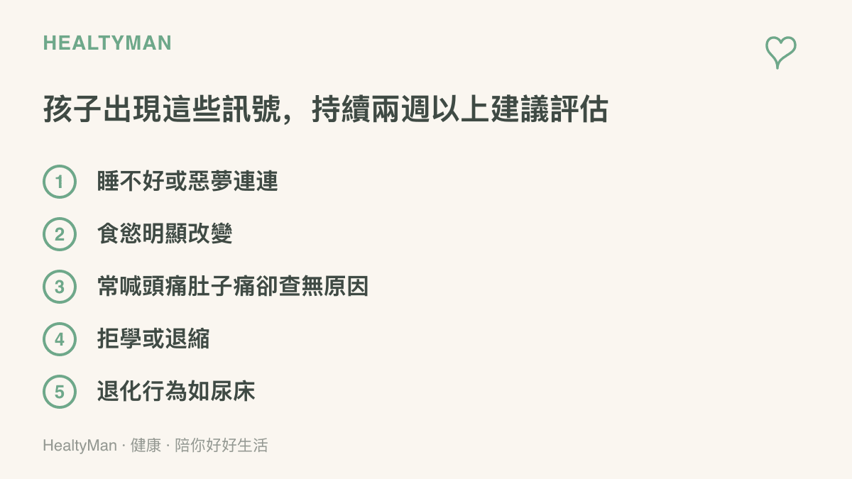圖卡列出孩子因家人長期在外工作可能出現、持續兩週以上建議尋求專業評估的五個訊號：睡不好或惡夢連連、食慾明顯改變、常喊頭痛肚子痛卻查無原因、拒學或退縮、退化行為如尿牀。
