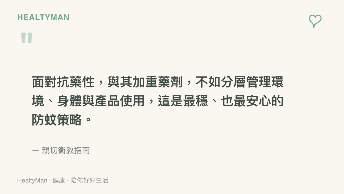 抗藥性蚊子防護核心觀念引述卡，強調分層管理與組合式策略勝過單一加重藥劑