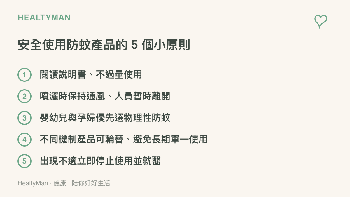 居家安全使用殺蟲劑與蚊香的五個重點原則條列圖卡，涵蓋閱讀說明書、通風、弱勢族羣保護與輪替使用