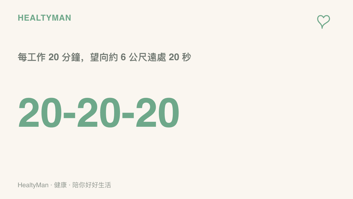 畫面中央以大字呈現 20-20-20 護眼節奏，說明每工作 20 分鐘應將視線移向約 6 公尺遠的地方停留 20 秒