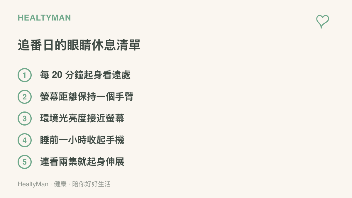 追番日護眼清單列出五個動作：定時起身看遠處、保持一個手臂的螢幕距離、調整環境光亮度、睡前一小時收起手機、連看兩集就起身伸展