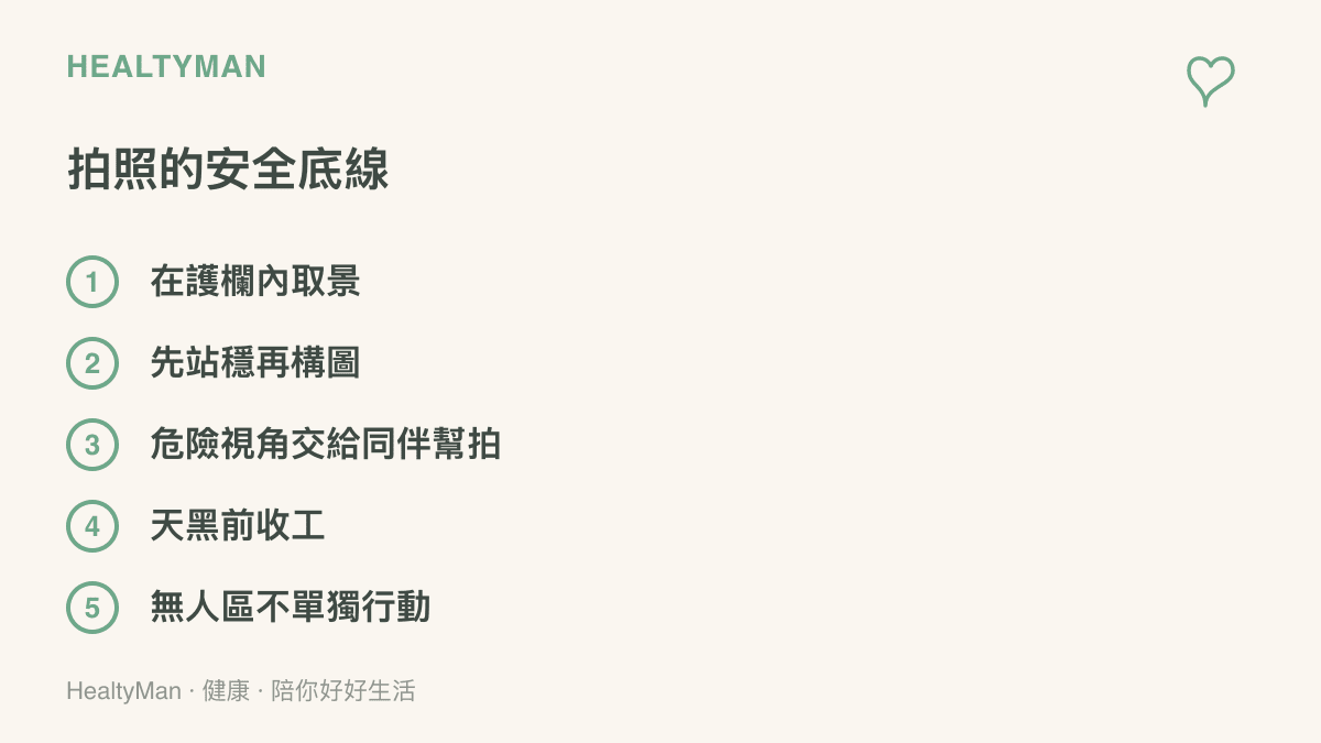 清單圖提醒拍照安全底線：在護欄內取景、站穩後再構圖、危險視角由同伴代拍、天黑前收工、無人區結伴同行