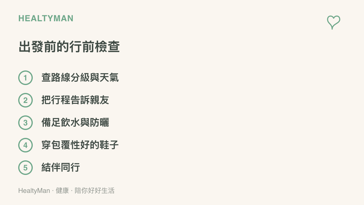 清單圖列出行前五項檢查：查路線分級與天氣、把行程告訴親友、備足飲水與防曬、穿包覆性好的鞋子、結伴同行