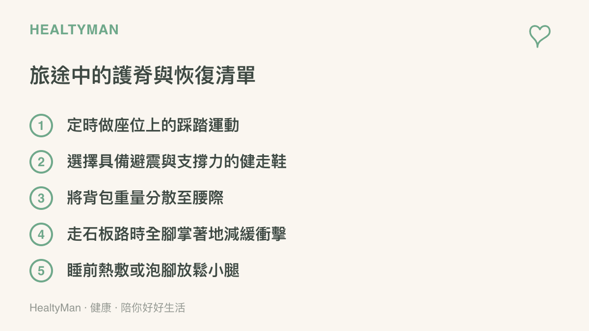 清單圖卡列出五項旅途中保護脊椎與關節的具體行動，包含選鞋、背包調整與步行姿勢