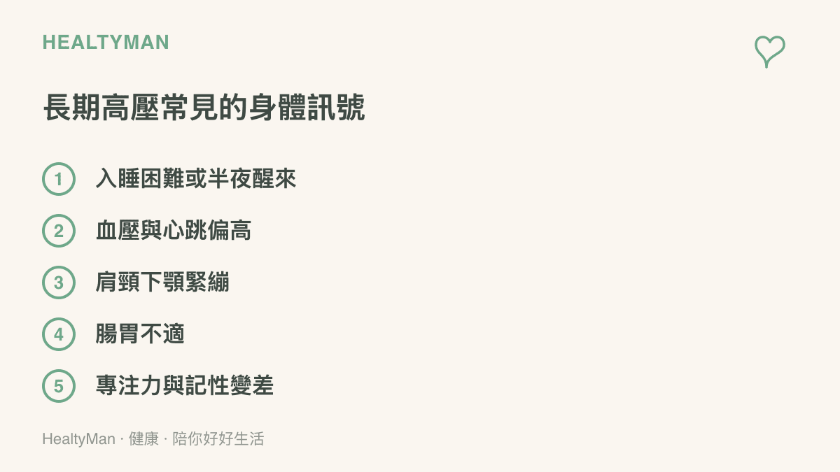 清單列舉長期高壓狀態常見的五種身體訊號，包含入睡困難、血壓心跳偏高、肩頸緊繃、腸胃不適與專注力變差