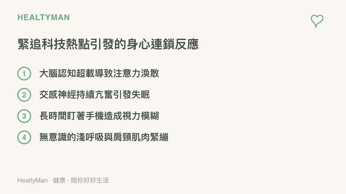 清單列舉了緊盯科技新聞熱點後常見的四種身心連鎖反應，包含大腦認知超載、交感神經亢奮、視力模糊與肩頸緊繃。