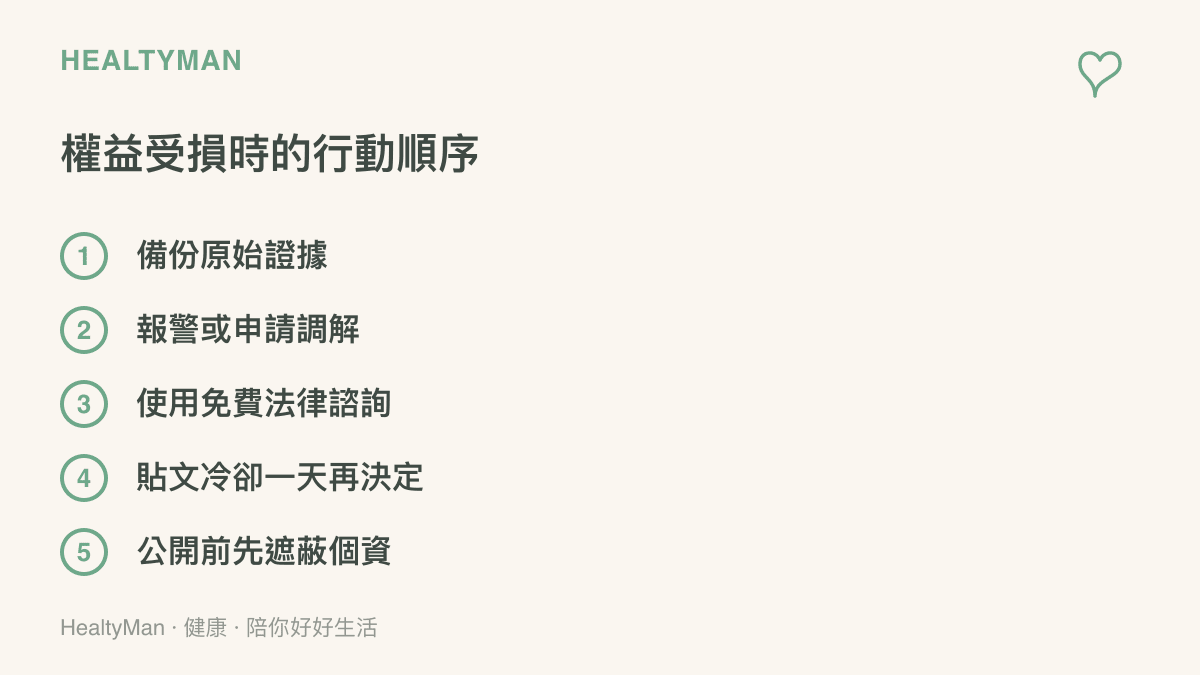 圖卡整理權益受損時的五個行動步驟：備份原始證據、報警或申請調解、使用免費法律諮詢、貼文冷卻一天再決定、公開前先遮蔽個資