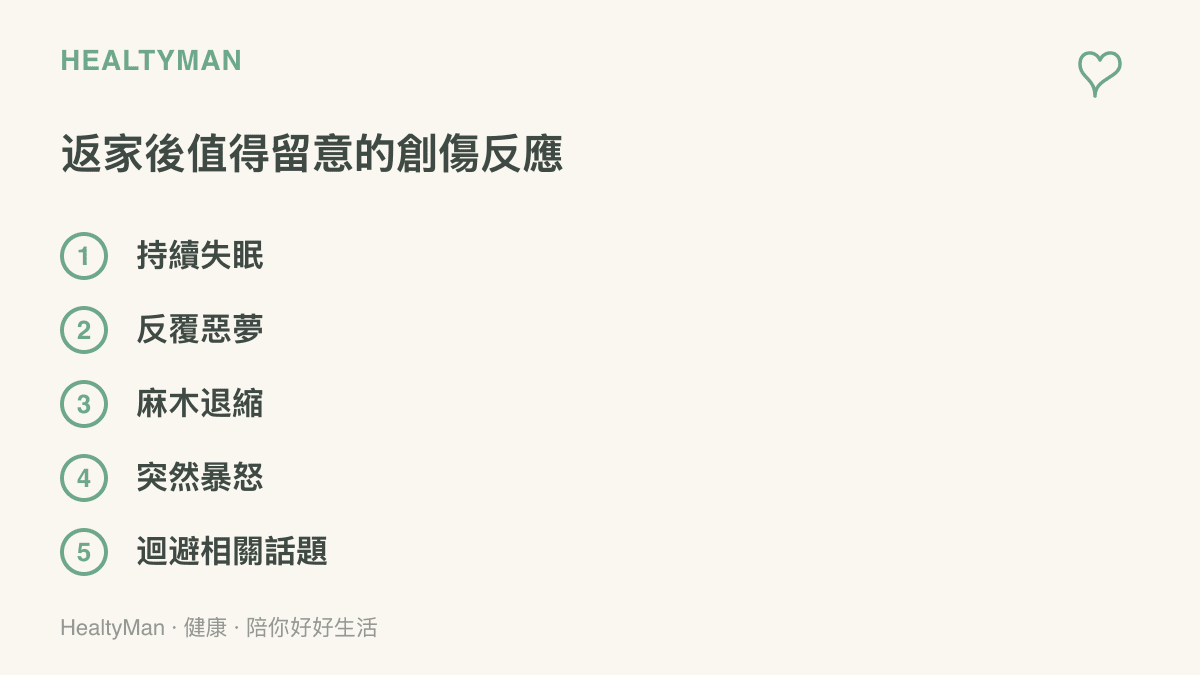 圖中列舉經歷重大創傷後常見的五種反應：持續失眠、反覆惡夢、麻木退縮、突然暴怒、迴避相關話題，提醒陪伴者留意並適時尋求專業協助