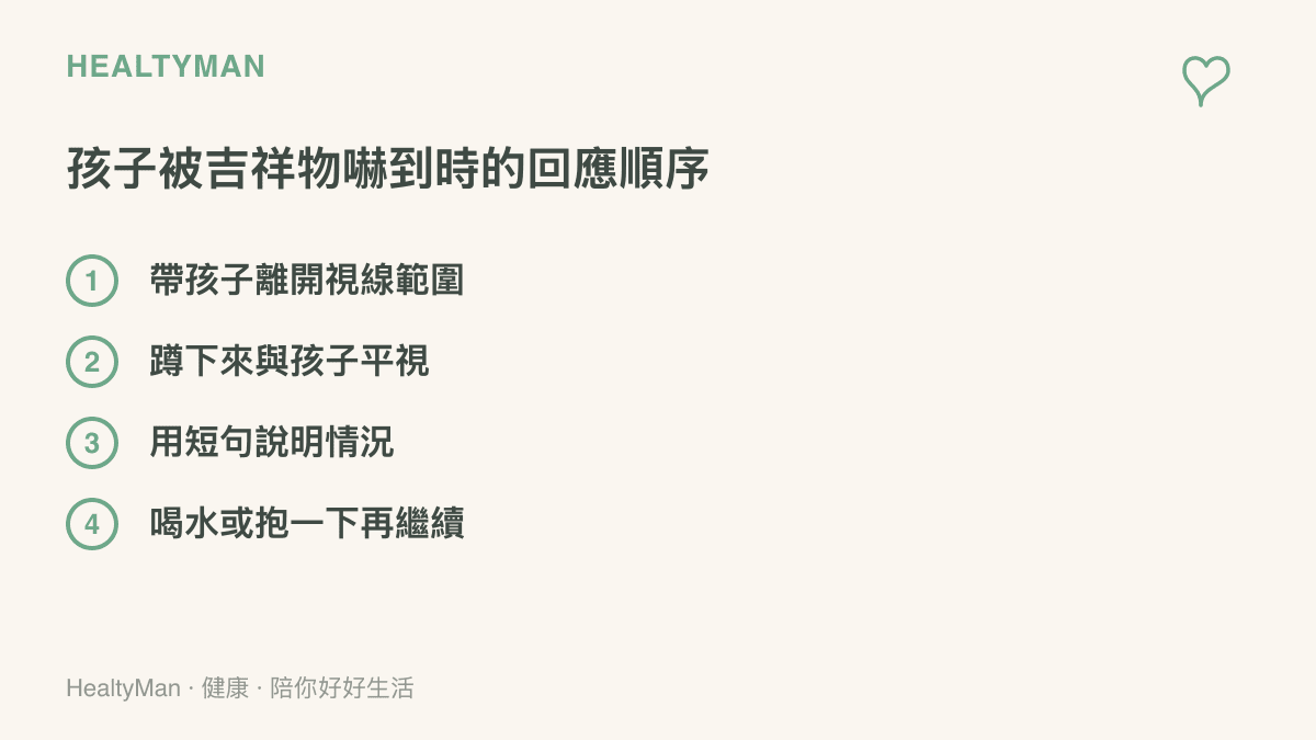 清單列出孩子被吉祥物嚇到時的四個回應步驟：離開視線範圍、蹲下平視、用短句說明，以及擁抱或喝水讓情緒落地