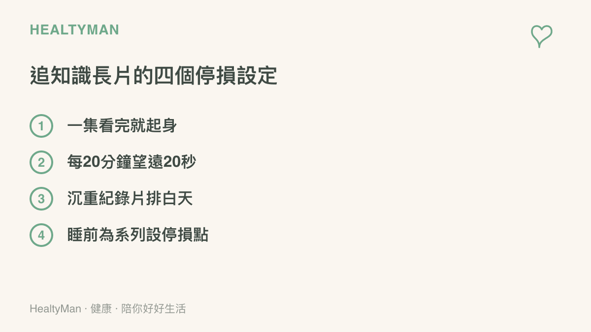 清單圖卡列出追看知識長片的四個停損設定，包含一集看完就起身、每20分鐘望遠20秒、沉重紀錄片排在白天，以及睡前為系列作設停損點