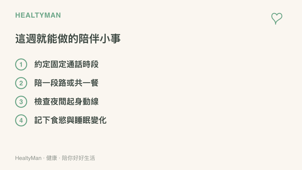 清單圖列出手邊立刻能做的四件陪伴長輩小事：約定固定通話、陪同散步或共餐、檢查夜間起身動線與紀錄食慾睡眠變化