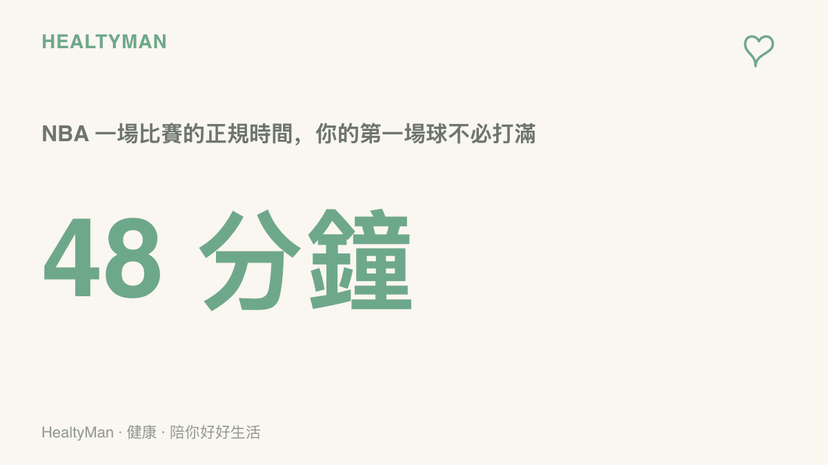 NBA 一場比賽的正規時間為四十八分鐘，提醒業餘球友重返球場的第一場不必打滿全場，可從半場三對三或分段休息開始