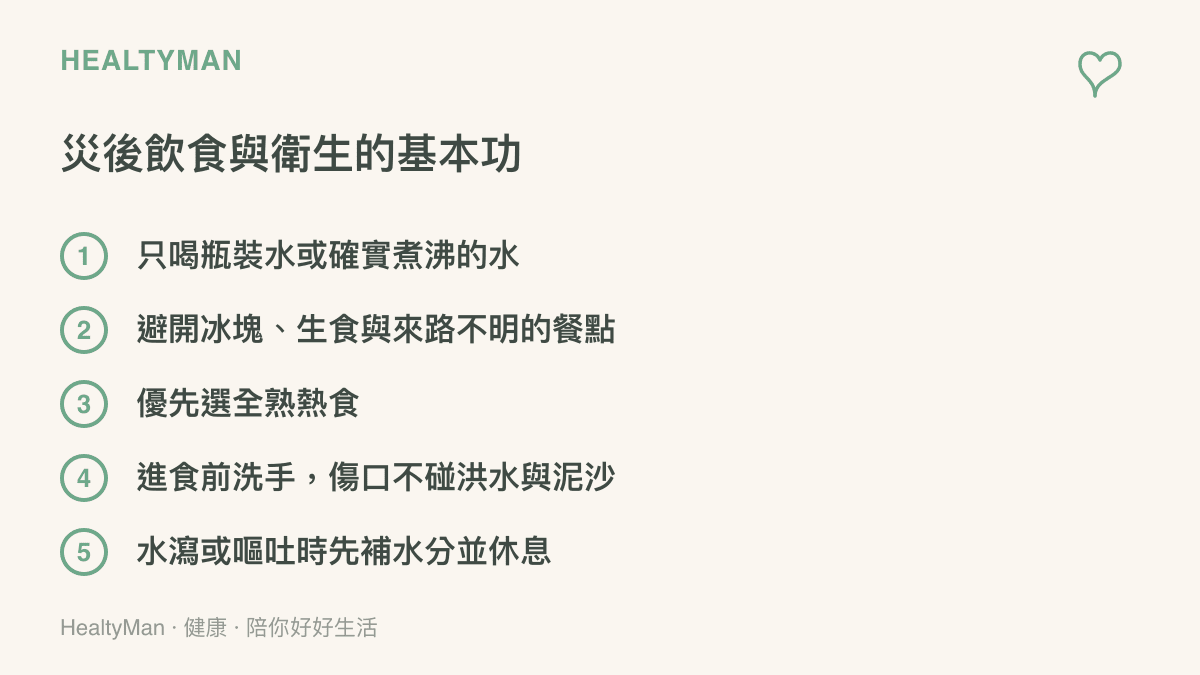 清單圖卡列出洪水過後的五項飲食衛生做法，包括喝瓶裝水或煮沸過的水、避開冰塊與生食、選擇熱食、進食前洗手與保護傷口，以及腹瀉嘔吐時先補水休息