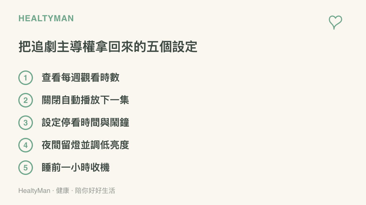 清單列出把追劇主導權拿回來的五個設定，包括查看每週觀看時數、關閉自動播放下一集、設定停看時間與鬧鐘、夜間留燈調低亮度、睡前一小時收機