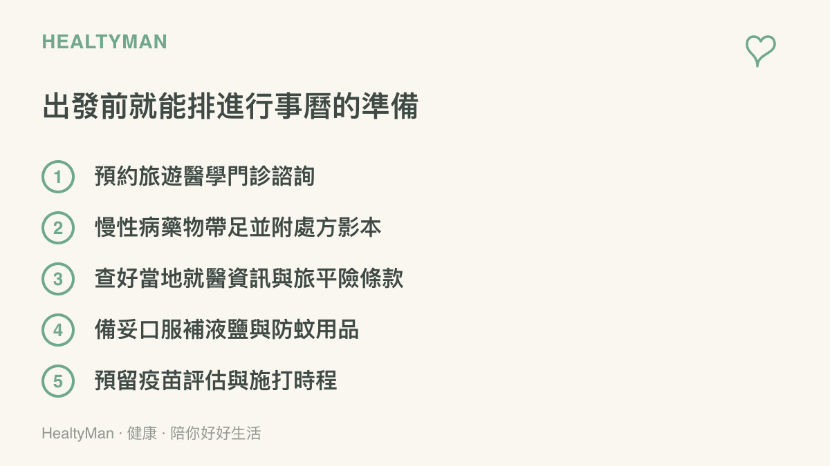 圖卡列出去印度旅行前可以完成的五項準備，包括預約旅遊醫學門診諮詢、慢性病藥物帶足並附處方影本、查好當地就醫資訊與旅平險條款、備妥口服補液鹽與防蚊用品，以及預留疫苗評估與施打的時程。