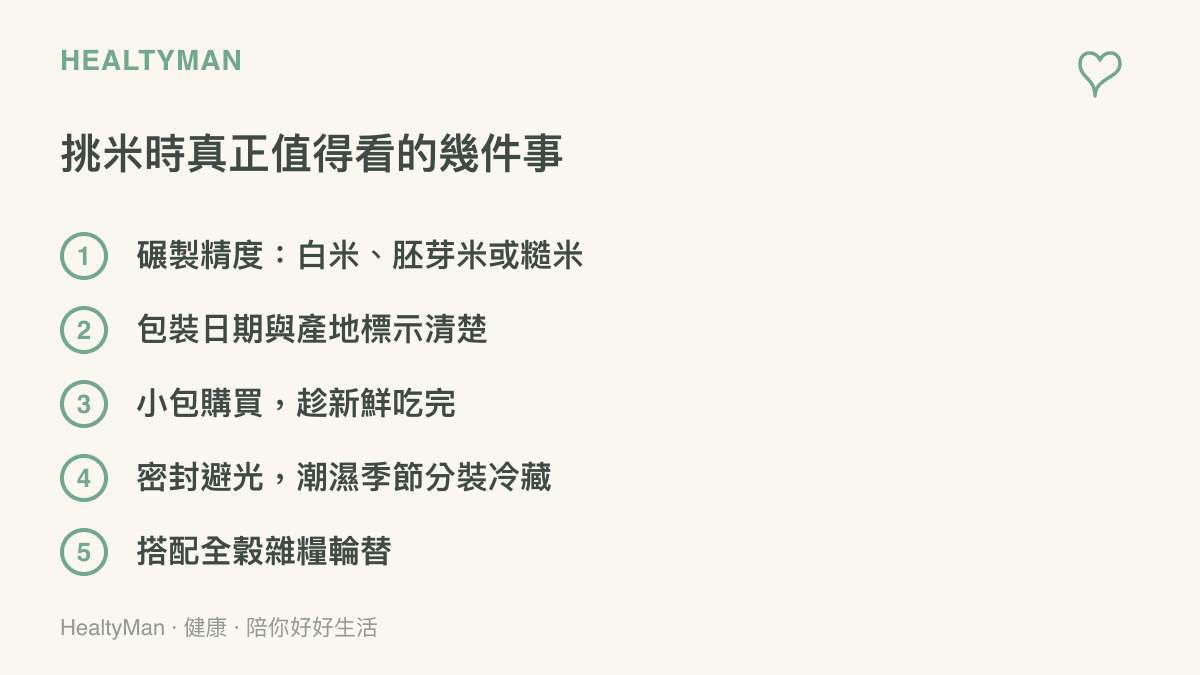 列舉挑選與儲存白米的五個重點，包含碾製精度、包裝標示、購買份量、儲存方式與全穀雜糧搭配