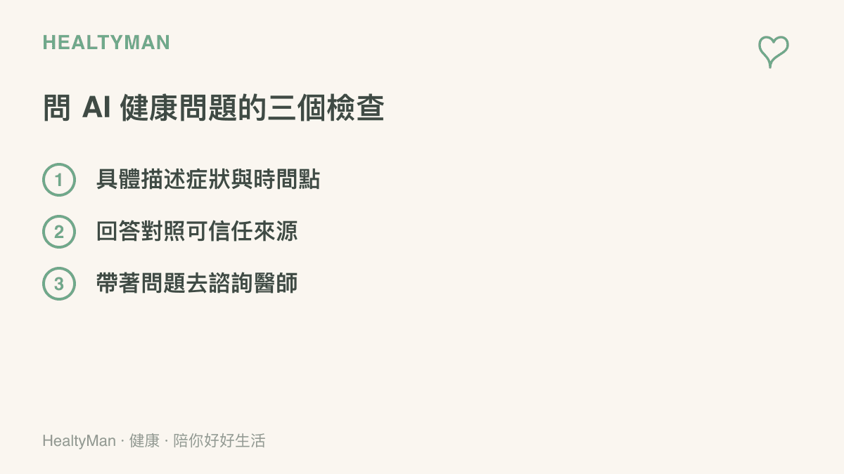向 AI 提問健康問題前，先做具體描述症狀、對照可信任來源、帶著問題諮詢醫師三個檢查步驟