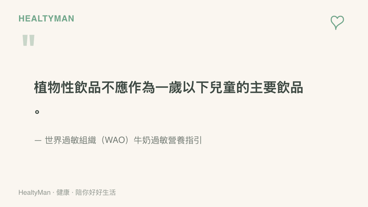 引言圖卡呈現世界過敏組織牛奶過敏營養指引的重點：一歲以下兒童不應以植物性飲品作為主要飲品