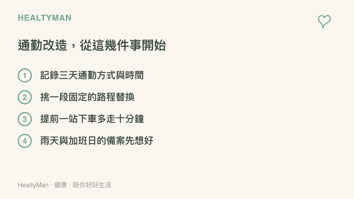 通勤改造的四個起點依序列出，包括記錄三天通勤方式、挑一段固定路程替換、提前一站下車多走十分鐘，以及先想好雨天與加班日的替代方案
