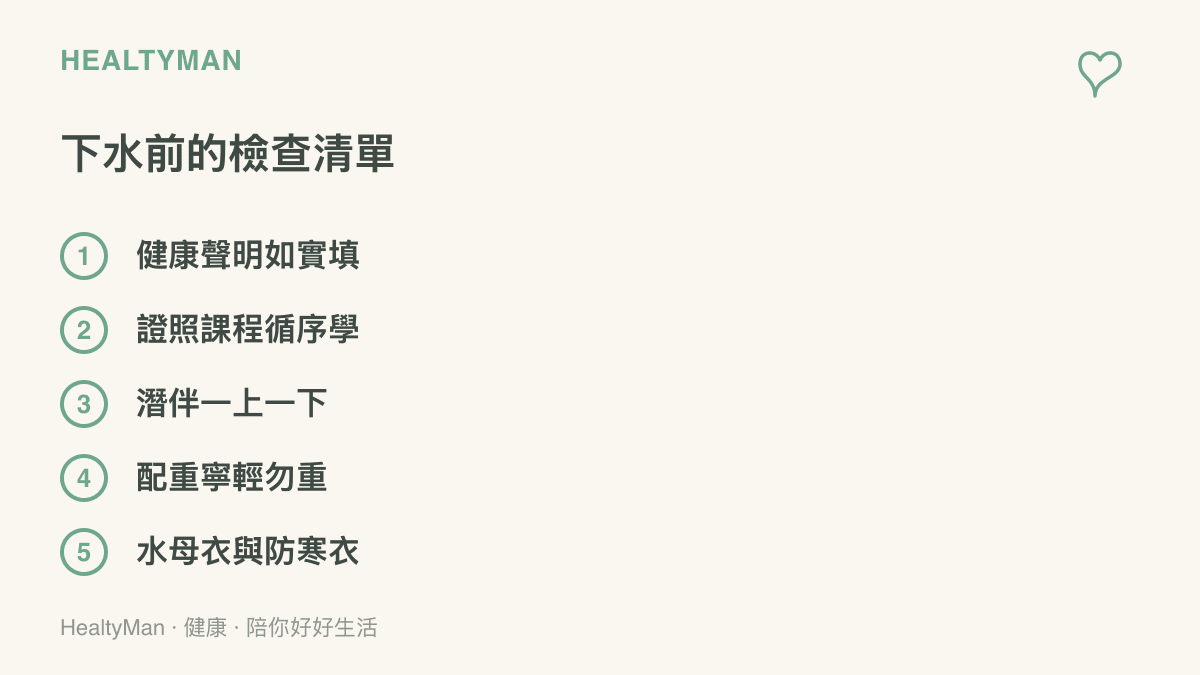 自由潛水下潛前的準備清單，包含健康聲明如實填寫、報名證照課程、潛伴一上一下、配重寧輕勿重與長袖水母衣和防寒衣等五項檢查