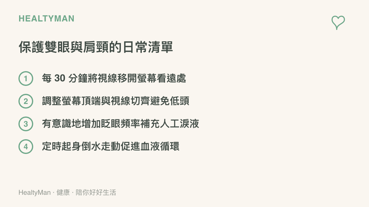 一個包含四個項目的日常保健清單，提醒讀者每半小時休息、調整螢幕高度、注意眨眼以及定時起身走動