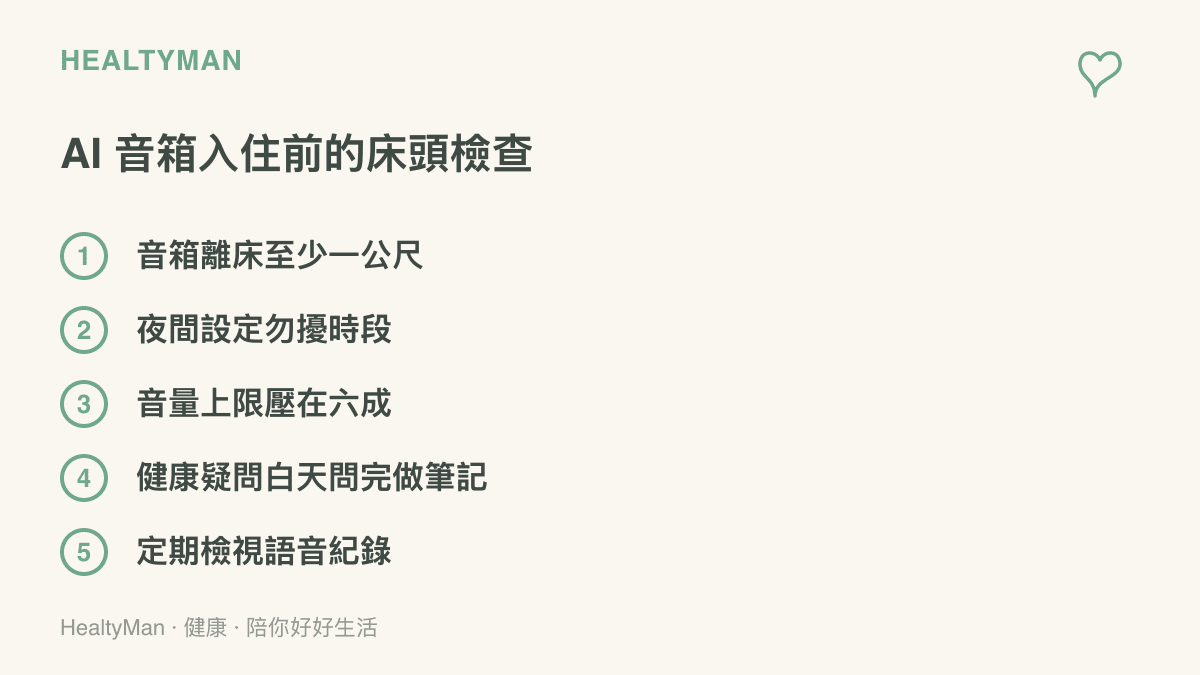 清單圖卡列出智慧音箱進入臥室前的五項檢查項目：擺放距離、夜間勿擾設定、音量上限、健康提問時段安排與語音紀錄檢視