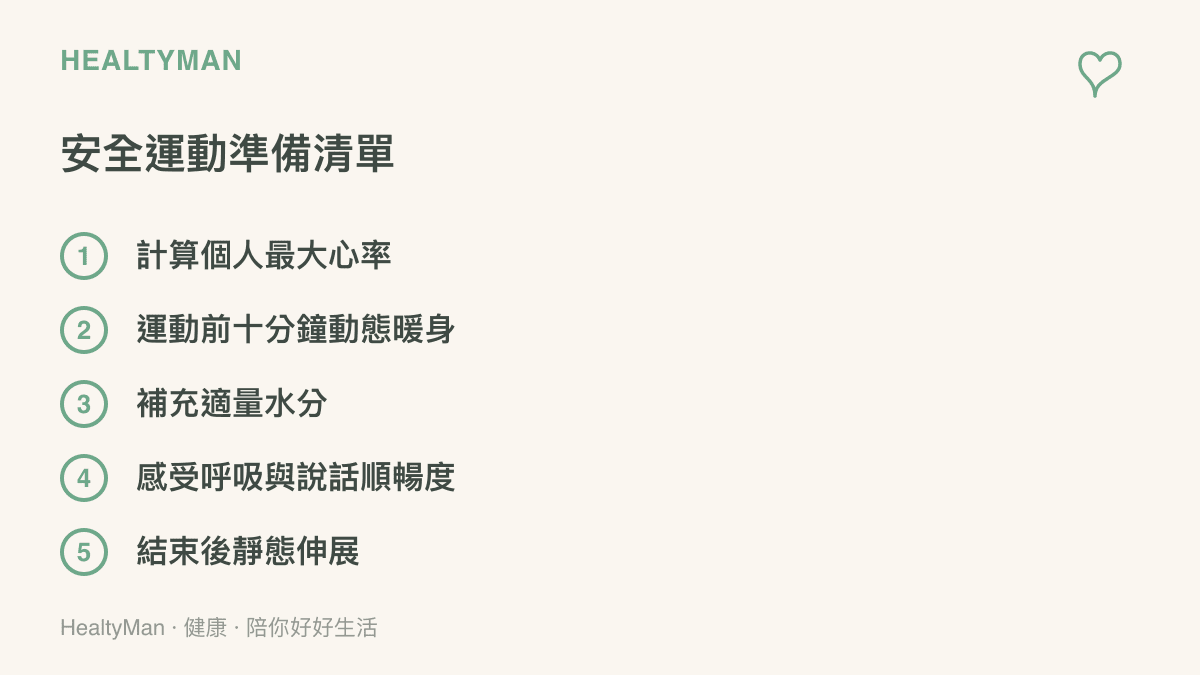清單圖卡列出五項安全運動的準備事項，包括計算心率、動態暖身、補水、呼吸測試與靜態伸展