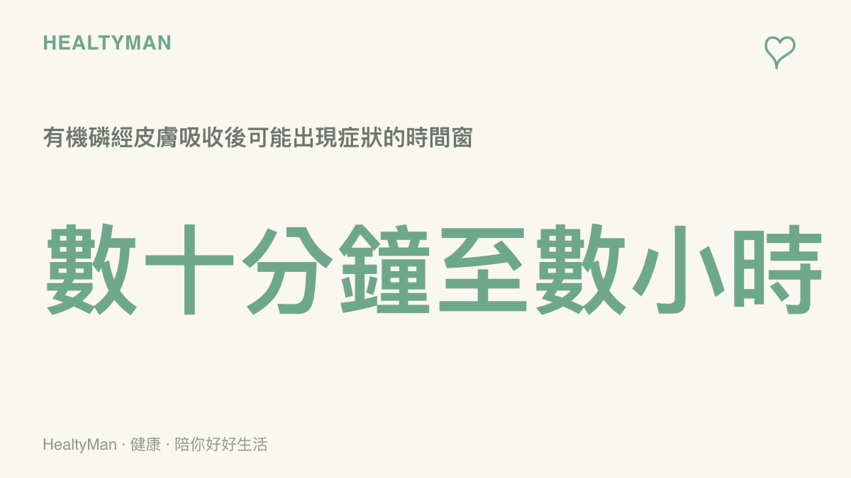 有機磷農藥經皮膚吸收後數十分鐘到數小時內可能陸續出現中毒症狀的時間示意圖