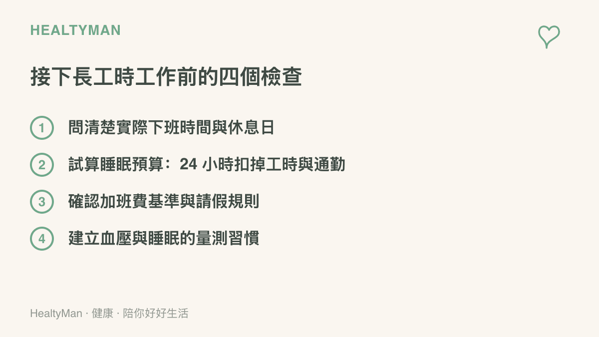 接下長工時工作前的四項檢查：確認下班時間與休息日、試算睡眠預算、釐清加班費基準，以及建立血壓與睡眠的量測習慣