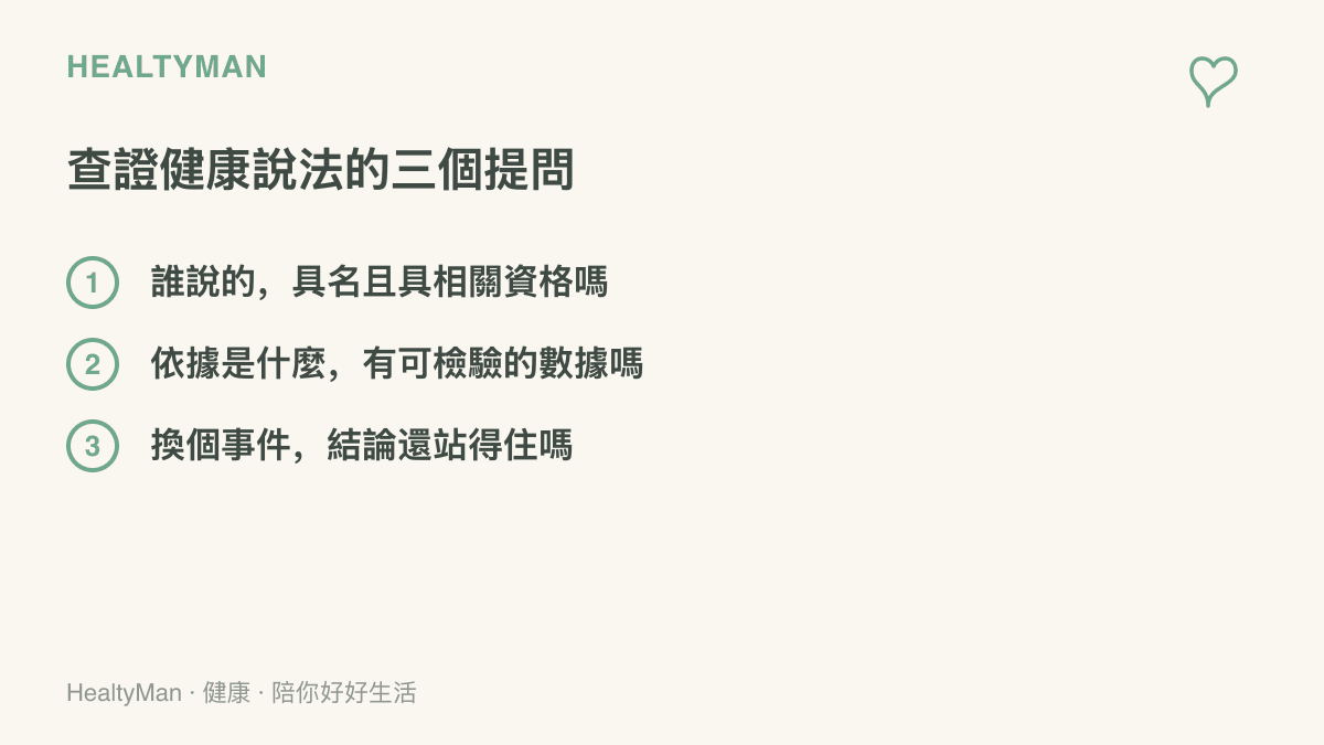 清單圖列出查證健康說法的三個提問：確認發言者是否具名且具相關專業資格、檢視說法有無可檢驗的數據依據、檢驗結論是否換個事件就翻轉