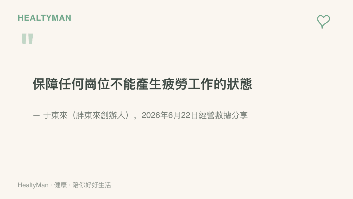 引言圖卡呈現於東來提出保障任何崗位不出現疲勞工作狀態的主張，出自他2026年6月22日的經營數據分享