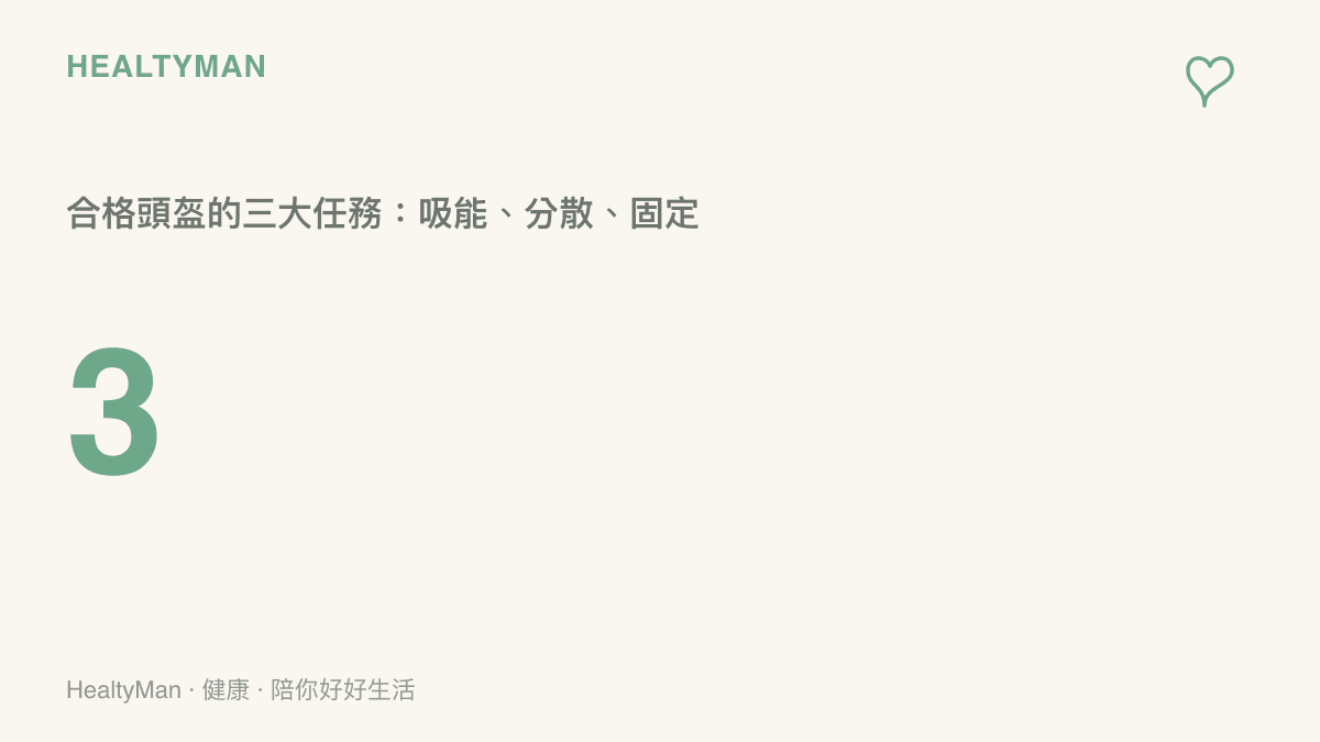 說明一頂合格頭盔必須同時完成吸收能量、分散壓力、固定於頭部這三個任務
