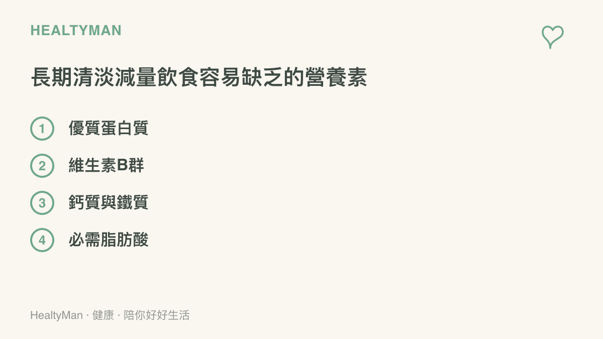 列出長期只喫青菜白粥容易缺乏的蛋白質、維生素B羣、鈣質與鐵質等關鍵營養素