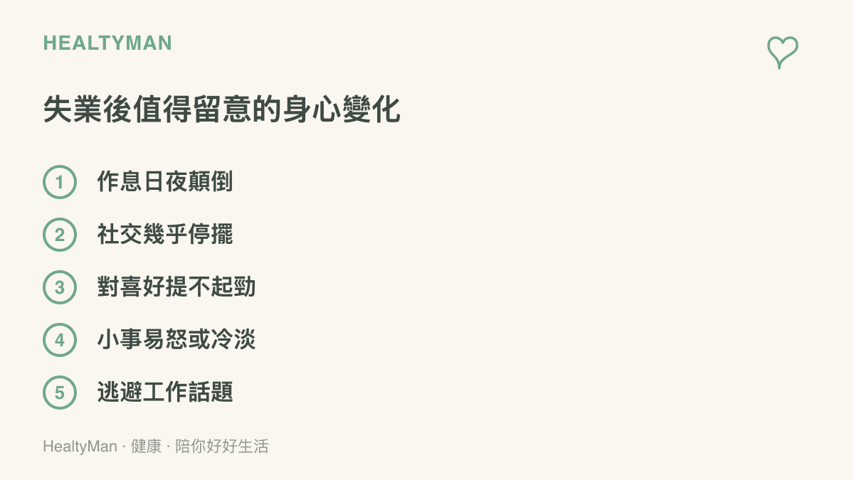 清單圖列出失業後值得留意的五種身心變化，包括作息日夜顛倒、社交幾乎停擺、對喜好提不起勁、小事易怒或冷淡，以及逃避任何與工作有關的話題