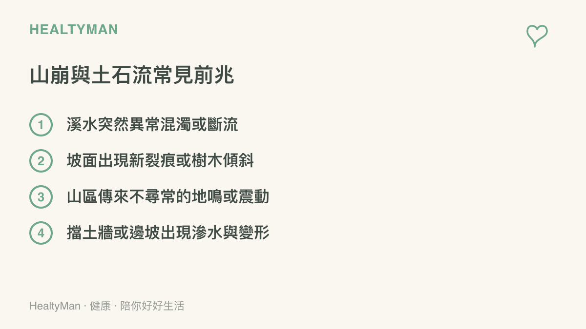 列出四項土石流與山體崩塌發生前常見的環境異常徵兆清單