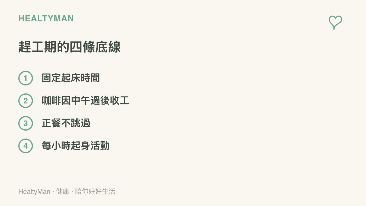 清單圖卡列出趕工期可守住的四個健康底線：固定起牀時間、咖啡因中午過後收工、正餐不跳過、每小時起身活動