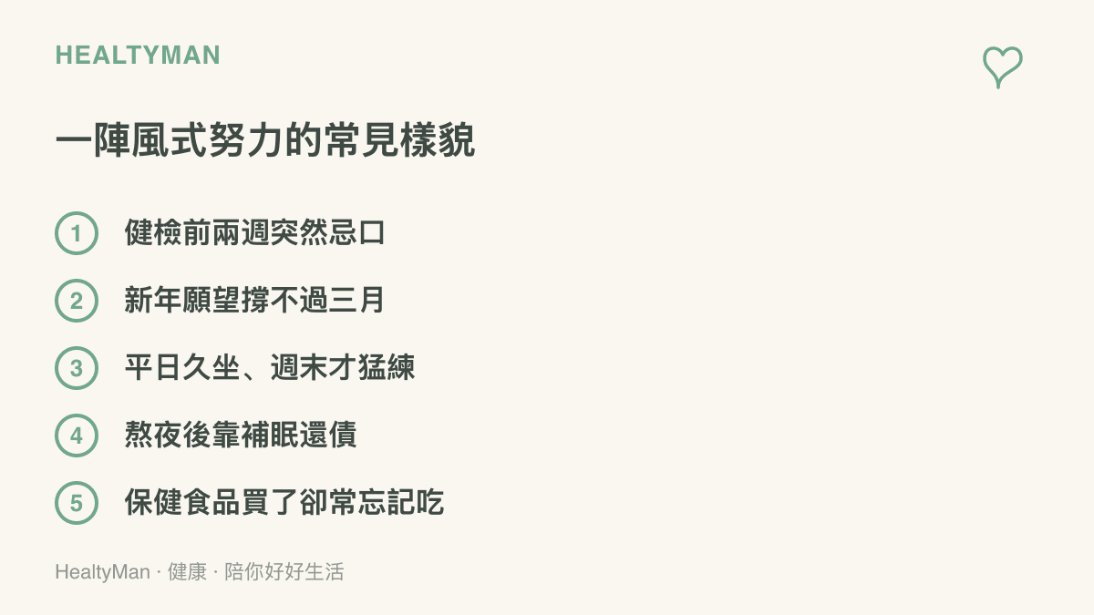 清單列舉五種一陣風式的健康努力，包含健檢前臨時忌口、新年願望中途放棄、平日久坐週末才劇烈運動、熬夜後靠補眠償還，以及保健食品買了卻忘記喫