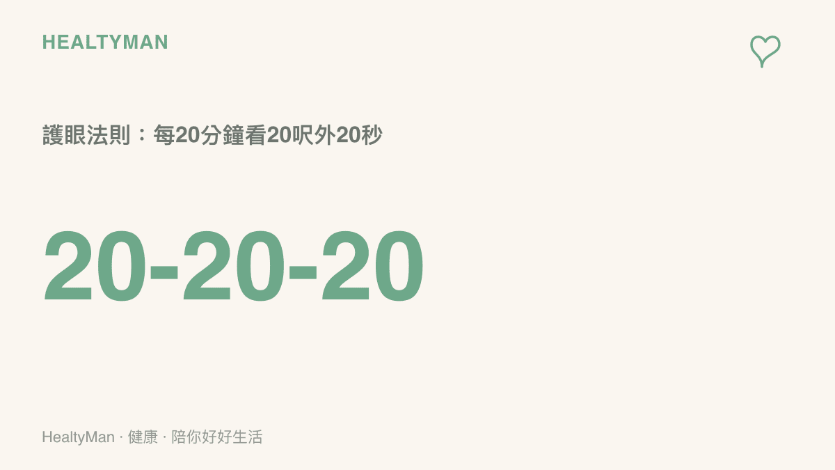 說明20-20-20護眼法則，每使用螢幕20分鐘就看20呎約6公尺外的物體20秒