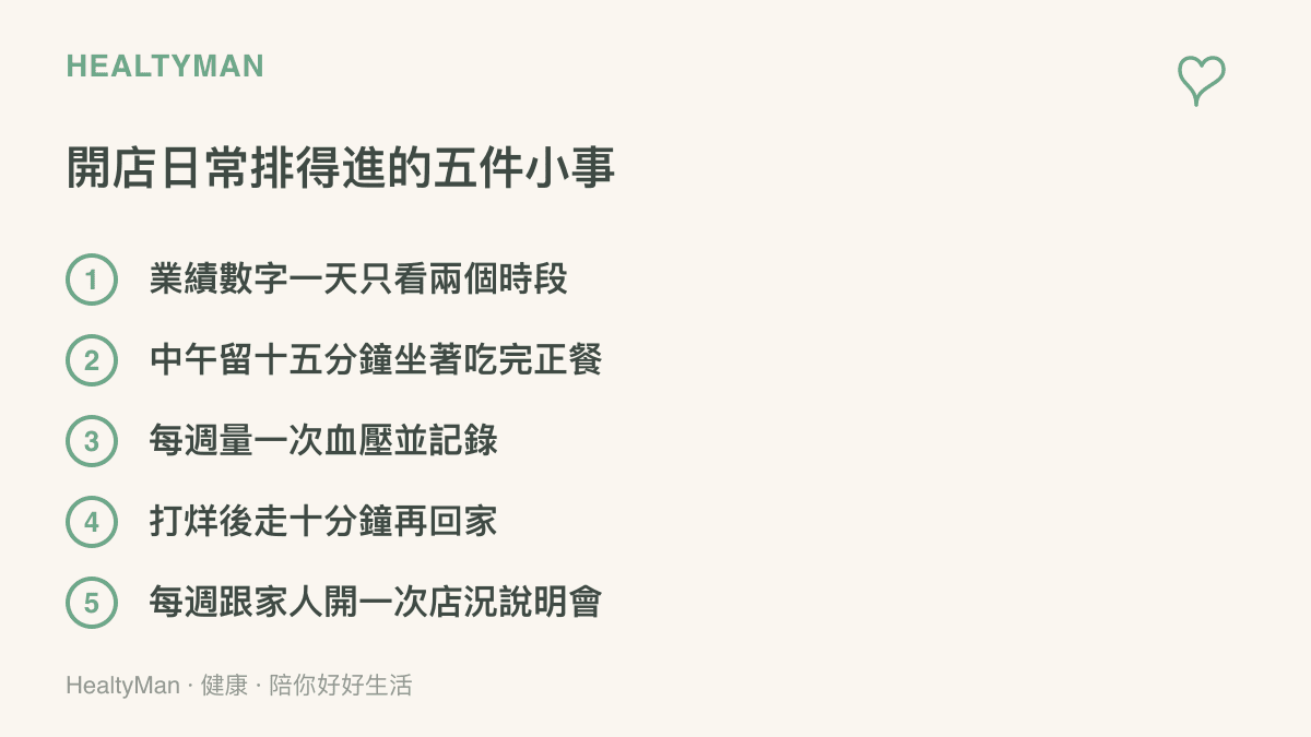 清單圖卡列出自營店家可排進日常的五件小事，包含限時查看業績、坐下喫完正餐、每週量血壓、打烊後步行，以及每週與家人分享店況