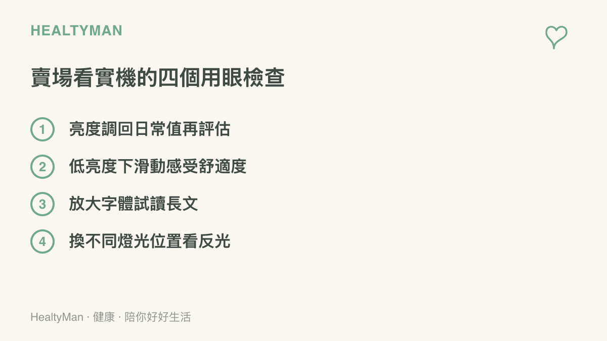 清單列出到門市看實機時的四個用眼檢查項目，包含把亮度調回日常值、低亮度下滑動測試、放大字體閱讀長文，以及換到不同燈光位置觀察反光