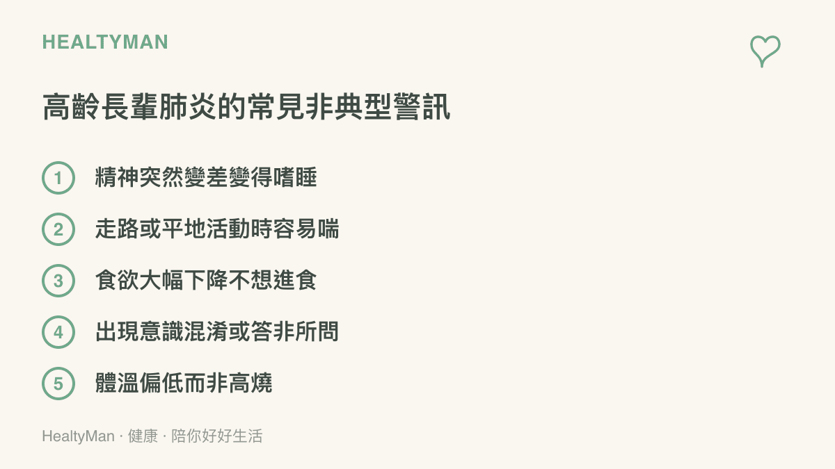 列舉高齡長輩感染肺炎時常見的非典型症狀清單，提醒家屬注意精神不振與意識變化