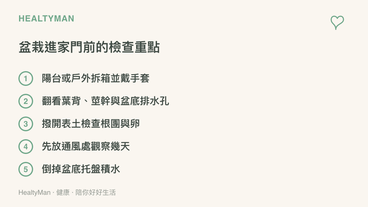 圖卡列出網購盆栽進家門前的五個檢查動作，包含戶外拆箱戴手套、翻看葉背與盆底排水孔、撥開土面檢查蛇卵，以及先放在通風處觀察並倒掉積水