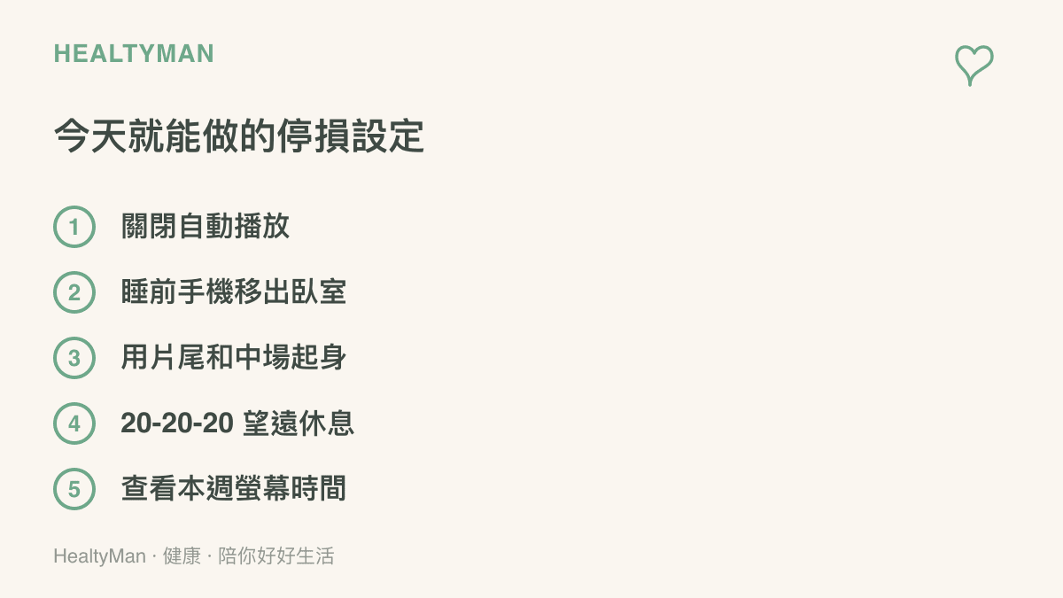 清單列出臺灣讀者今天就能做的五項調整：關閉自動播放、睡前把手機移出臥室、用片尾和中場當起身提示、每 20 分鐘望向 6 公尺外 20 秒、查看本週螢幕使用時間
